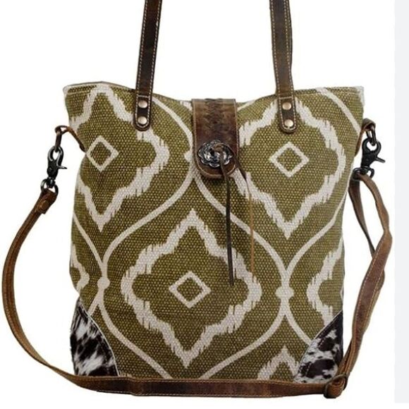 MYRA BAG Aesthetics Green and Cream Patterned Tote Bag - Picture 1 of 12